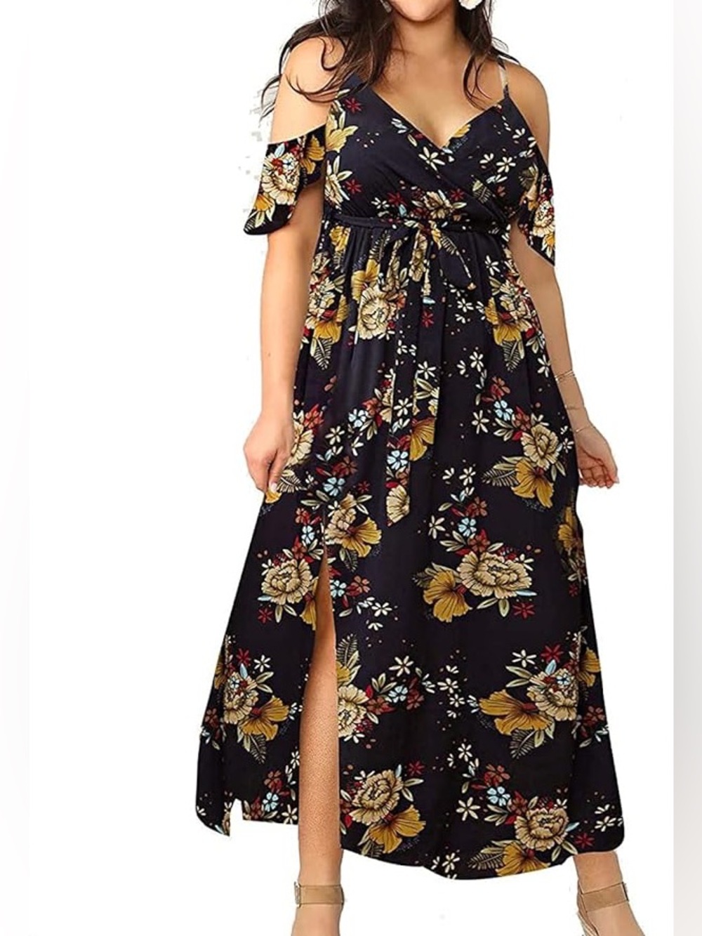 Deep Blue Floral Cold-Shoulder Maxi Dress